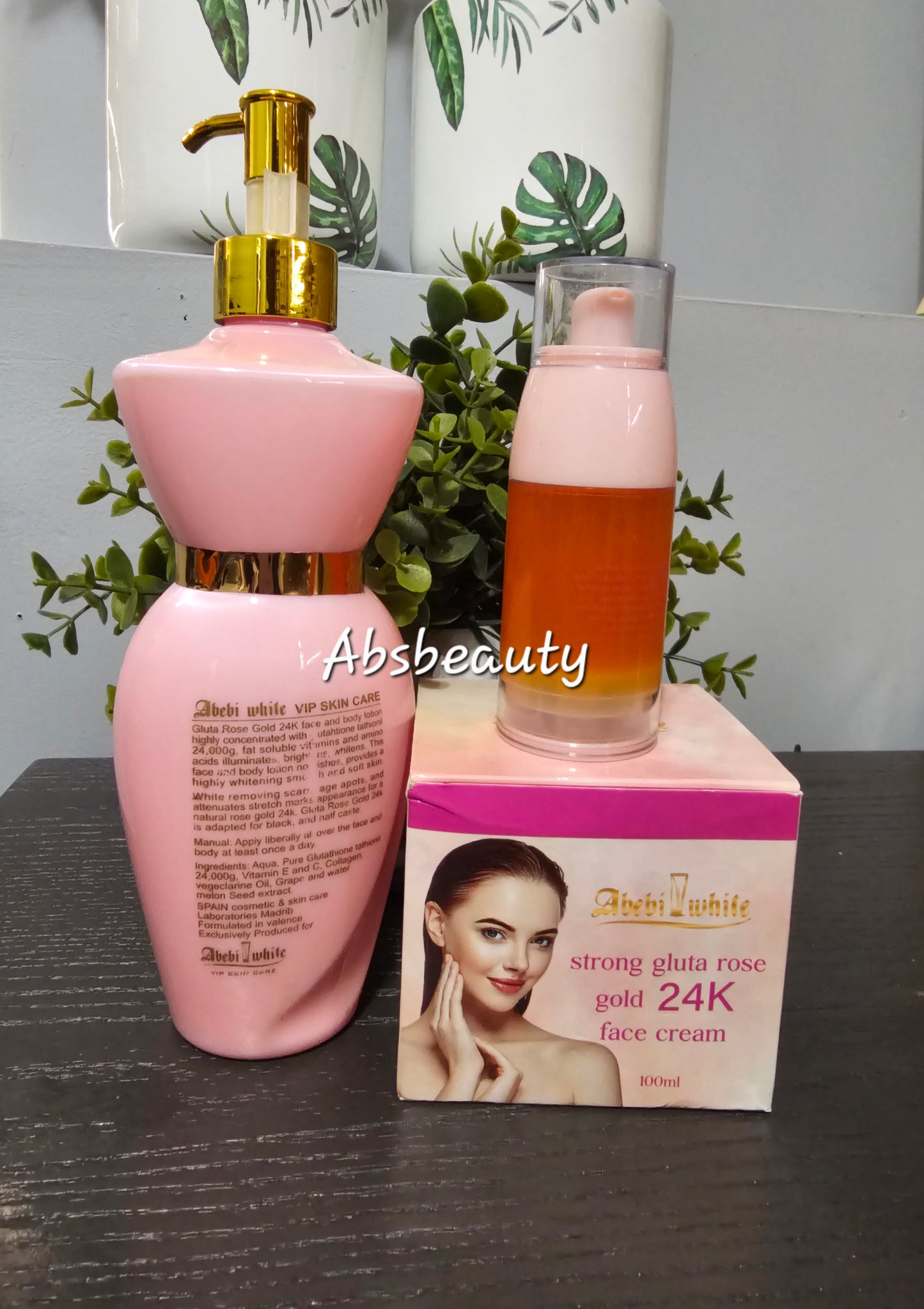 3pcs Abebi White Vip Skin Care Gluta Rose Gold 24K Set ,Lotion, Serum & Face Cream 🩷💯👌