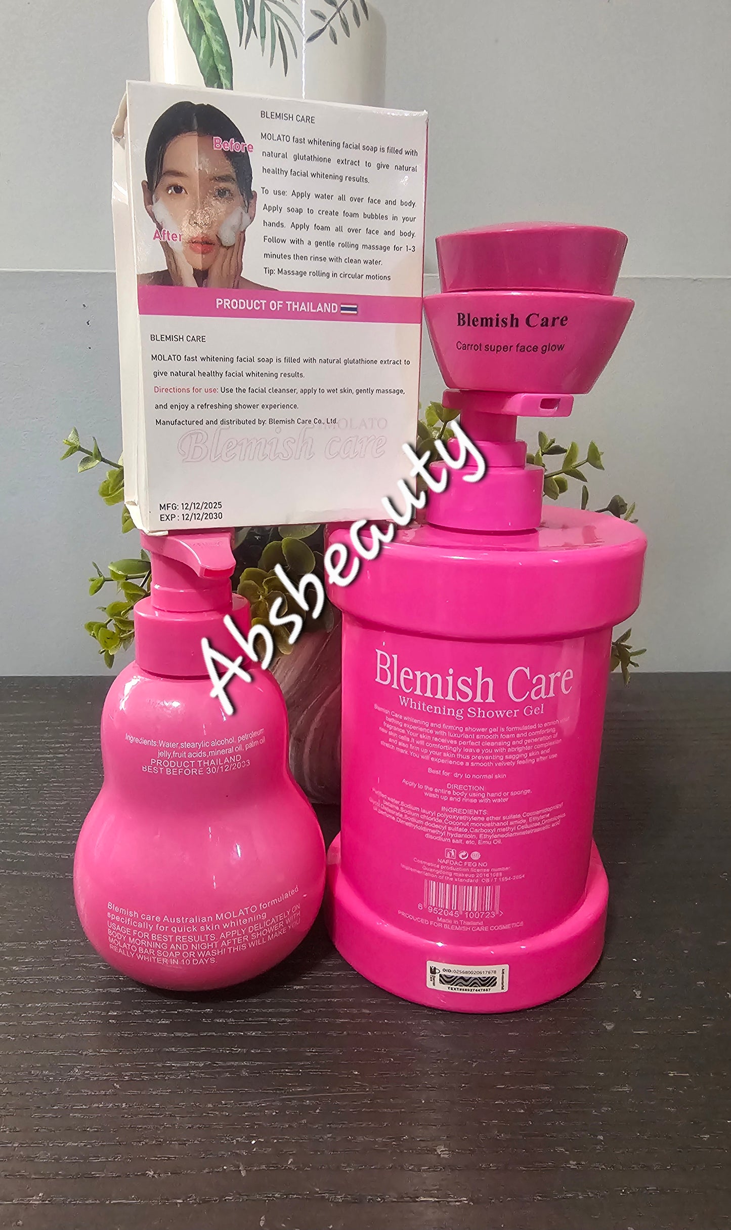 4pcs Face & Body Whitening Set  Blemish Care Whitening Shower Gel 1000ml| Australian Molato Body Lotion 300ml|Molato Honey Gluta Face Soap 100g| Carrot Super Glow Face Cream( Night routine)✨️ 💯👌