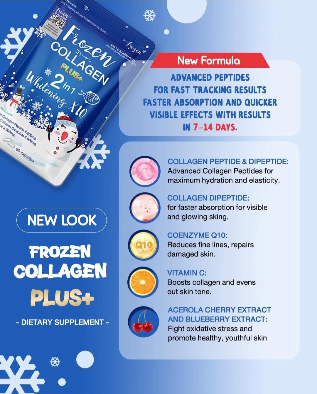 Frozen Collagen PLUS+ 2-in-1 Whitening X10 - 60 Caps Collagen Glutathione. Original&Authentic💯✅️