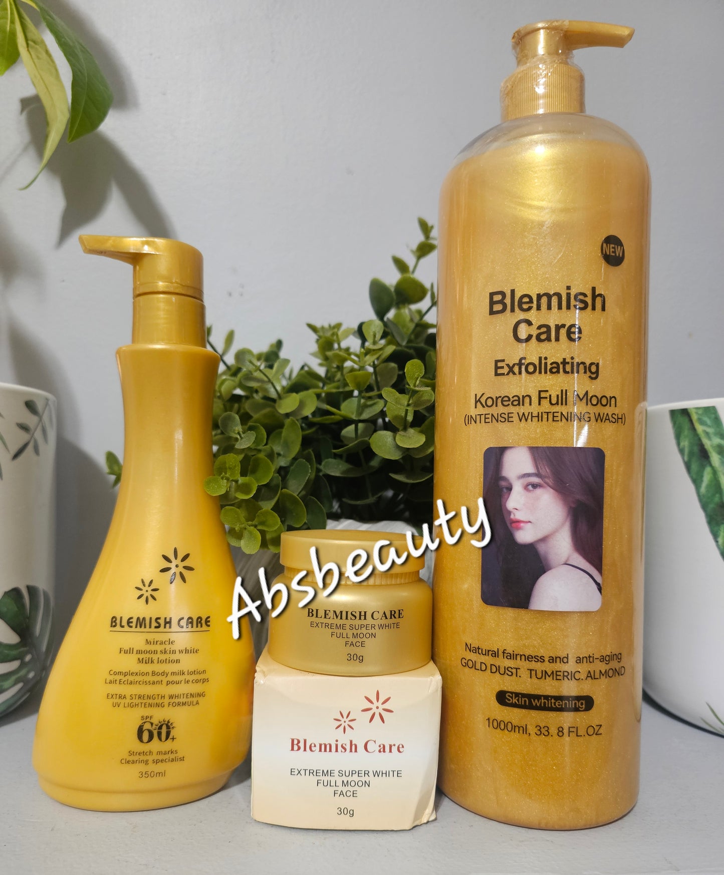 Blemish Care Exfoliating Korean Full Moon Intense Whitening Set 3pcs(Shower Gel 1000ml, Face Cream 30g & Body Milk Lotion 350ml)