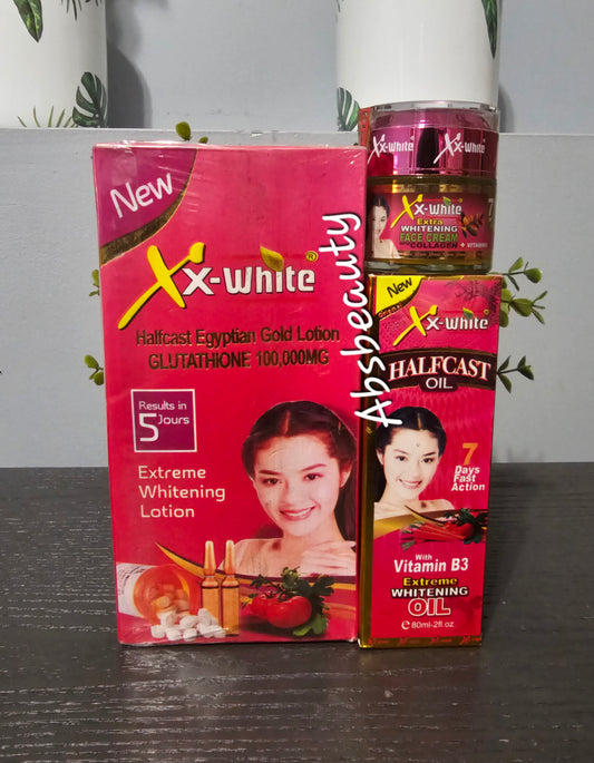 3pcs XxWhite Half-C Egyptian Gold Extreme Whitening Lotion,Face Cream & Oil 5Days action ✅️💯 Not for sensitive skin