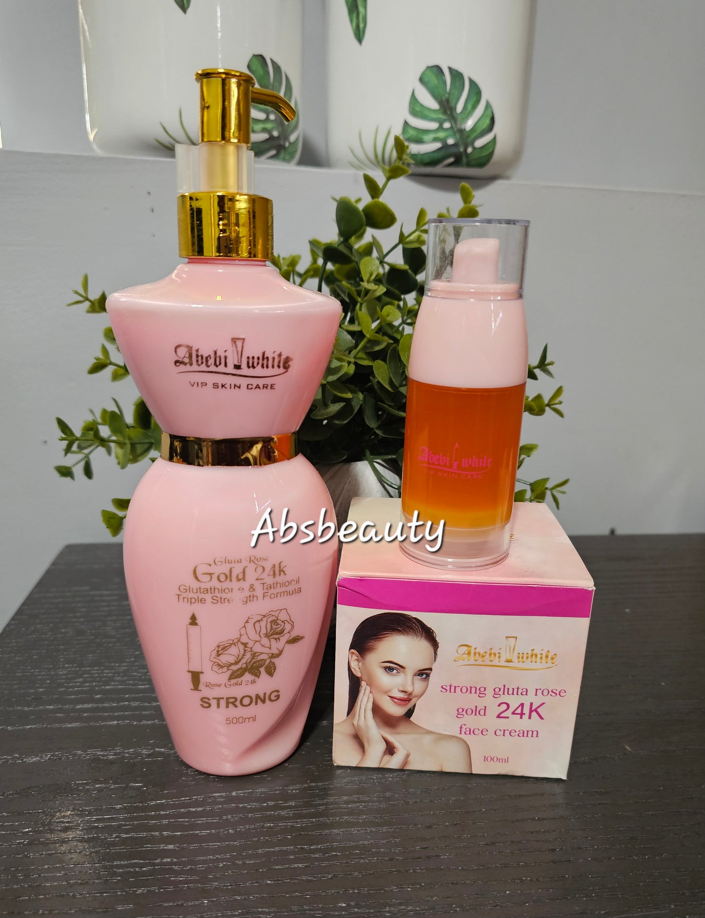 3pcs Abebi White Vip Skin Care Gluta Rose Gold 24K Set ,Lotion, Serum & Face Cream 🩷💯👌