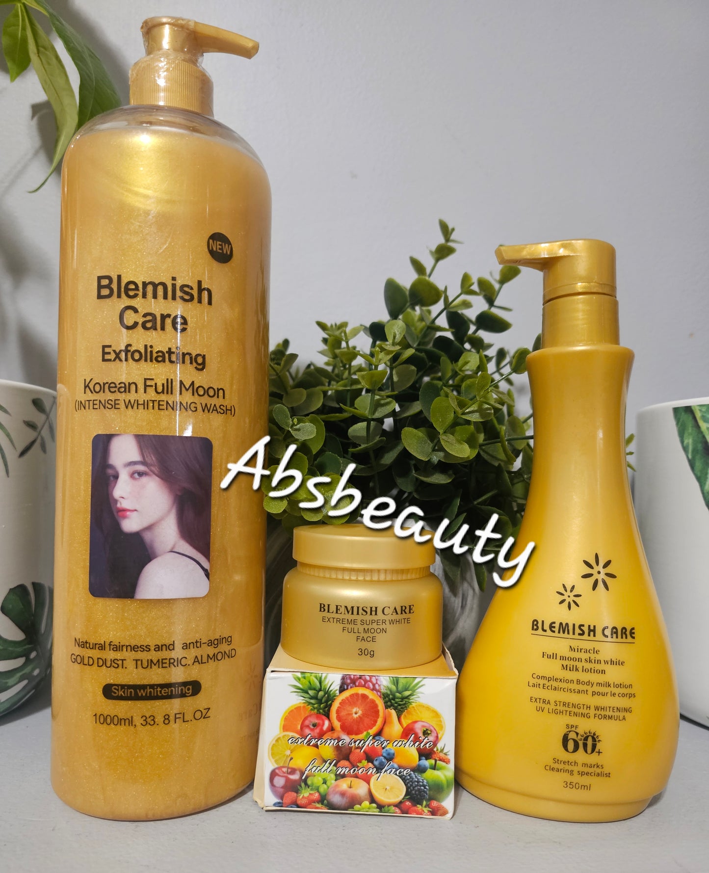Blemish Care Exfoliating Korean Full Moon Intense Whitening Set 3pcs(Shower Gel 1000ml, Face Cream 30g & Body Milk Lotion 350ml)