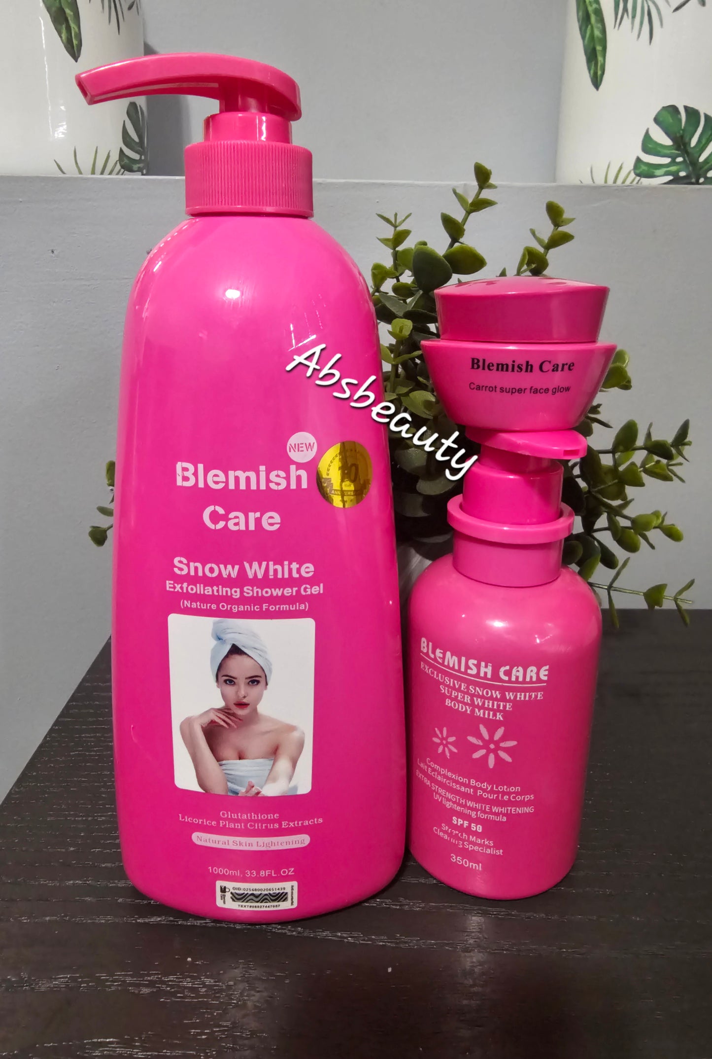3pcs Blemish Care Snow white Exfoliating Shower Gel 1000ml, Exclusive Snow White Super White Body Milk 350ml,& Carrot Super Face Glow cream