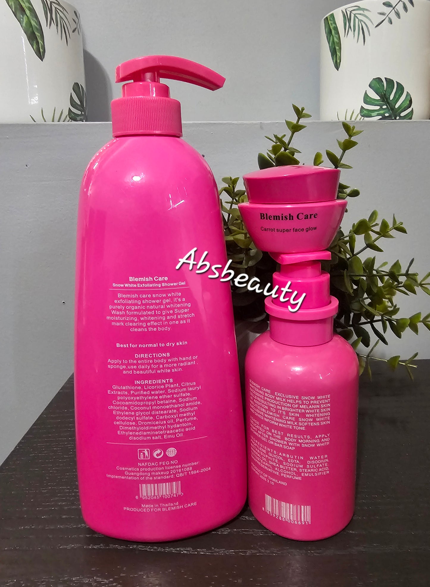3pcs Blemish Care Snow white Exfoliating Shower Gel 1000ml, Exclusive Snow White Super White Body Milk 350ml,& Carrot Super Face Glow cream