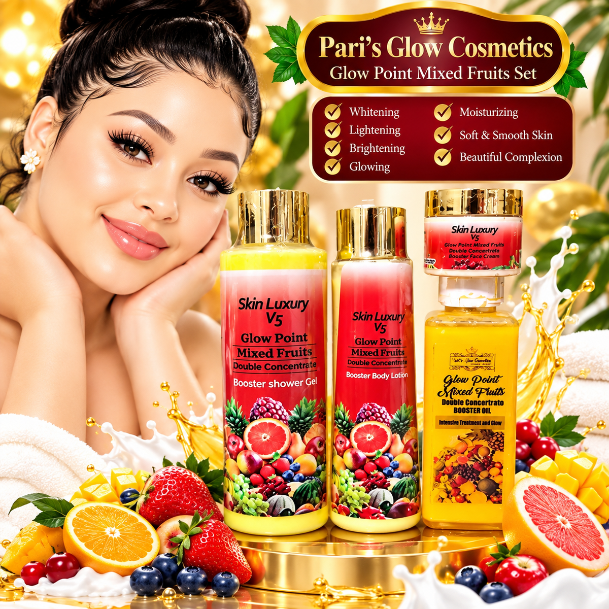 Pari's Glow Cosmetics Skin Luxury V5 Glow Point Mixed Fruits Double Concentrate Booster Set|Shower Gel|Body Lotion|Oil|Face Cream|✨️