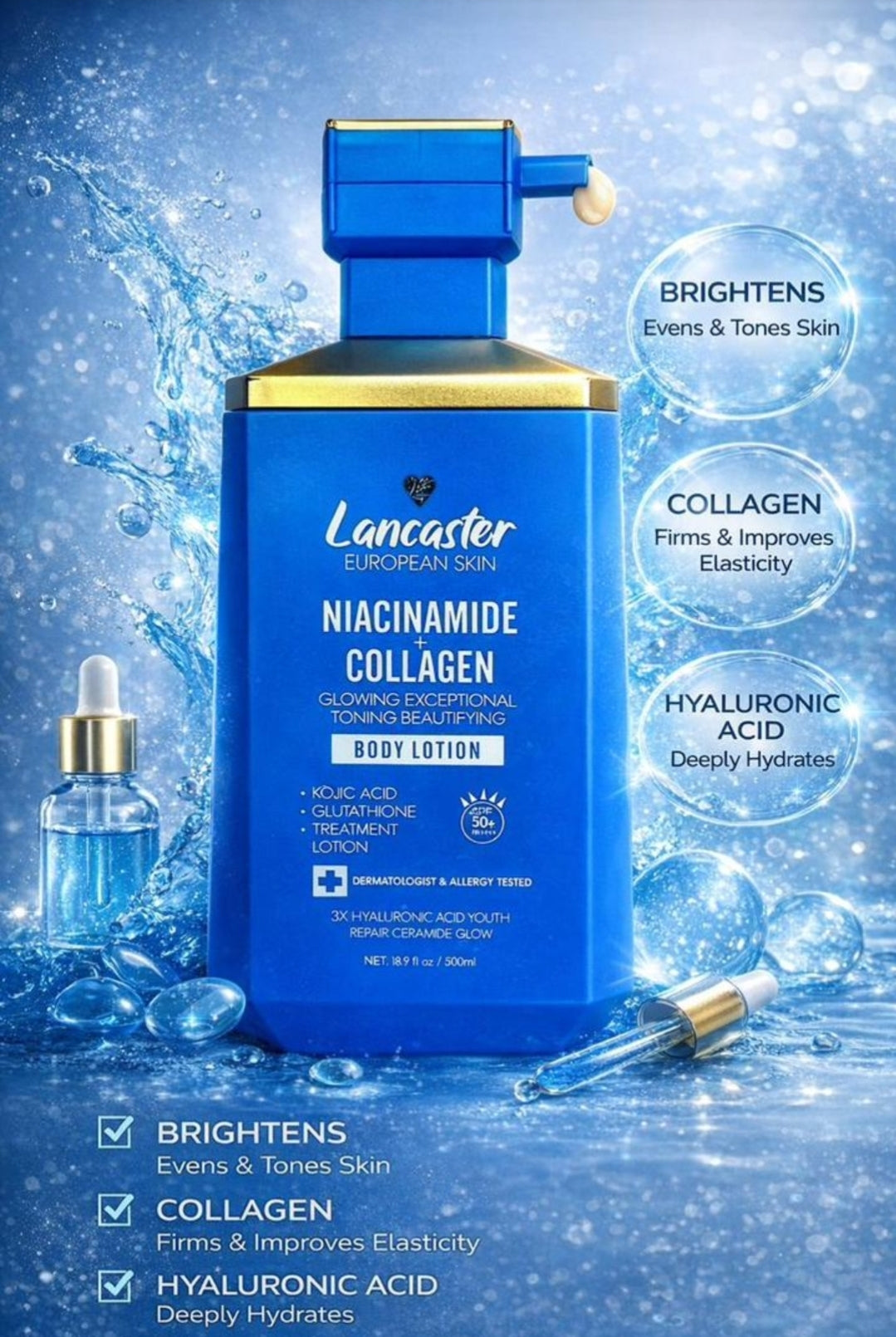 Lancaster European Skin Niacinamide+Collagen,Tumeric+Vitamin C & Retinol 10% Treatment Body Lotion 500ml With Spf50 & PA++++ l,1pc💯👍