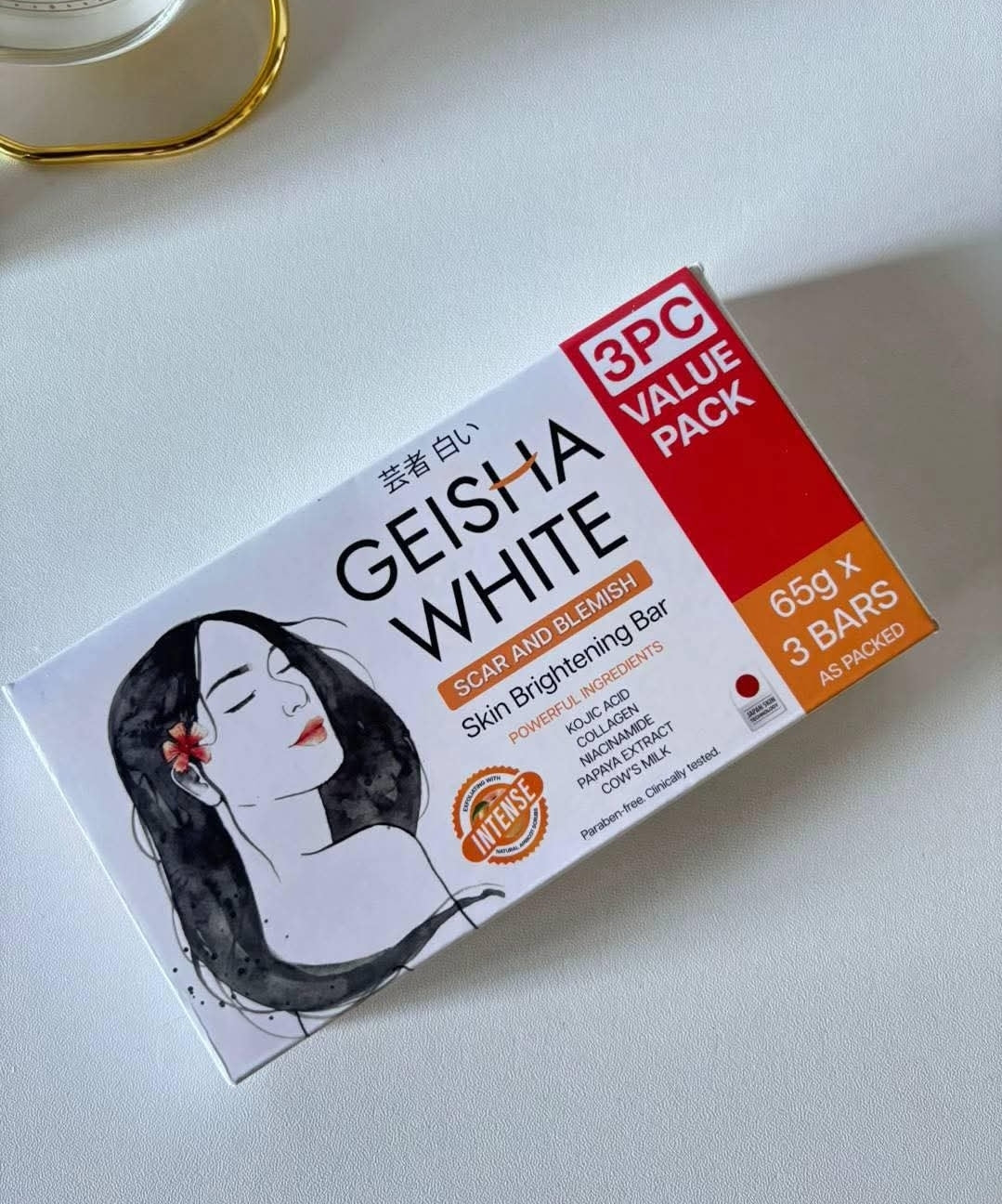 Geisha White SCAR & BLEMISH|EXFOLIATE& EXTRA MOISTURE Skin Brightening Bar Soap With Powerful Ingredients 65gx3Bars, 1box