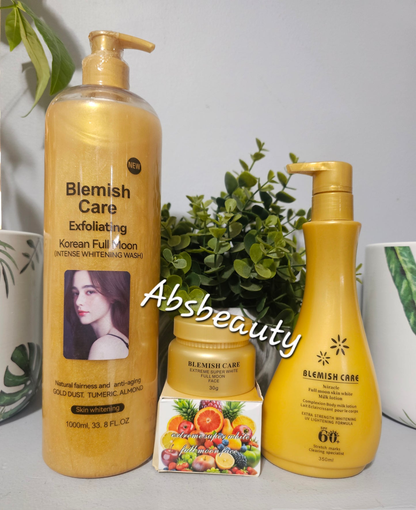 Blemish Care Exfoliating Korean Full Moon Intense Whitening Set 3pcs(Shower Gel 1000ml, Face Cream 30g & Body Milk Lotion 350ml)