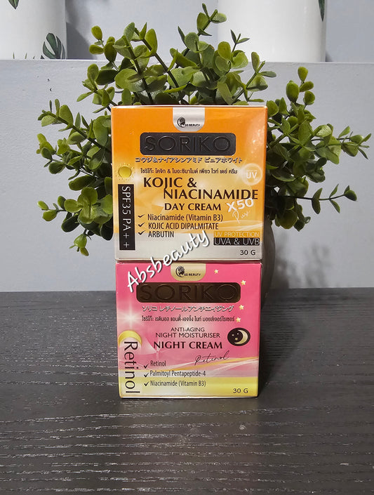 SORIKO kojic & Niacinamide Pure White Day Face Cream With Spf35,PA++ 30g||SORIKO Retinol Anti-Aging Night Moisturizer Face Cream 30g