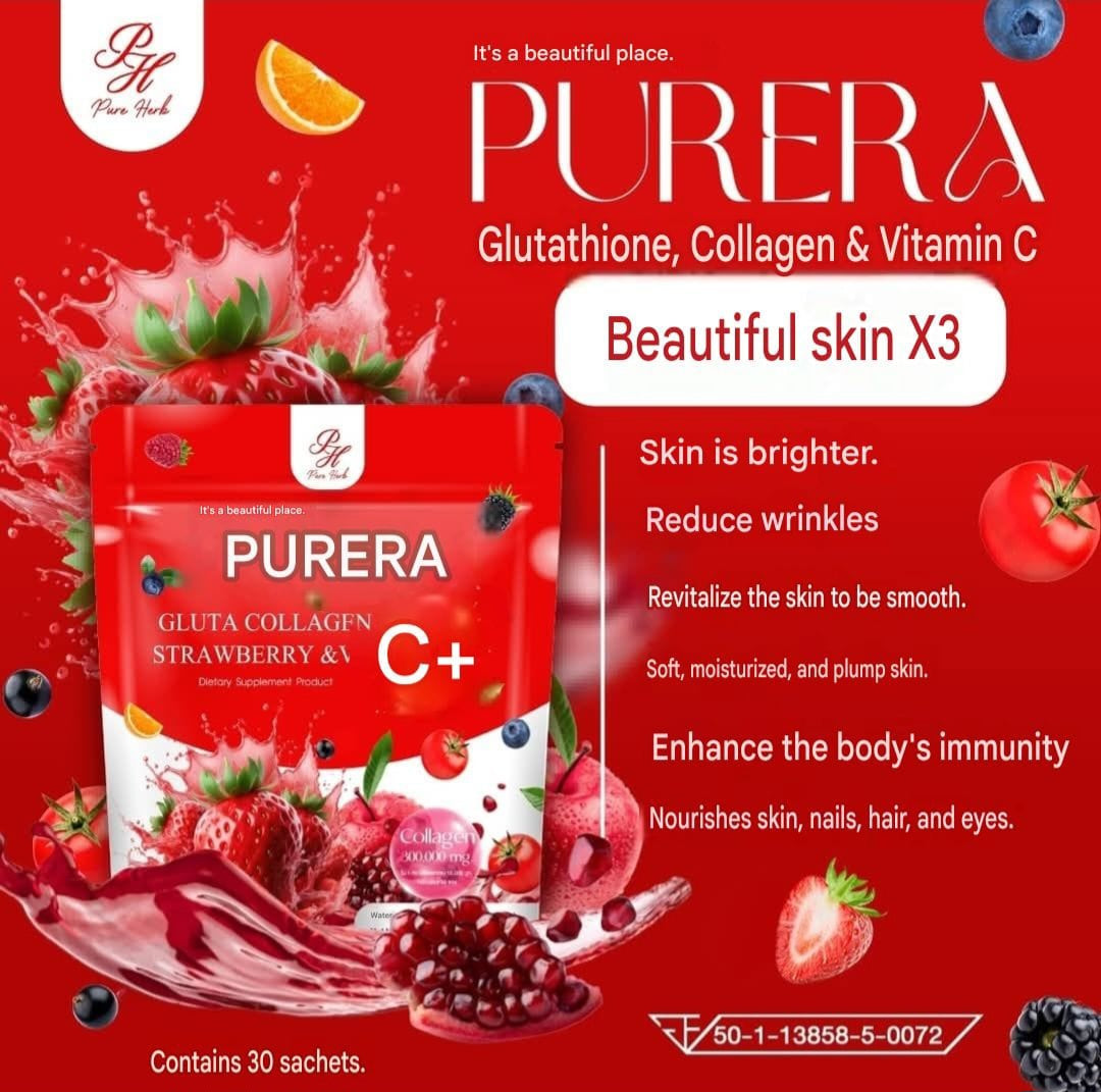 Purera Gluta Collagen Strawberry Vit C Supplement Nourish Restore Skin 30 Sachets  in 1 bag💯👌