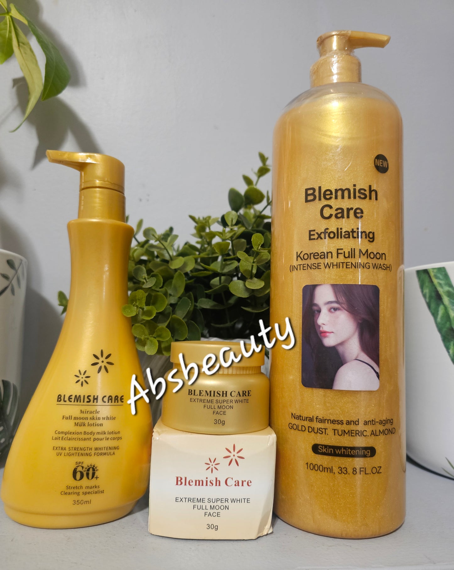 Blemish Care Exfoliating Korean Full Moon Intense Whitening Set 3pcs(Shower Gel 1000ml, Face Cream 30g & Body Milk Lotion 350ml)