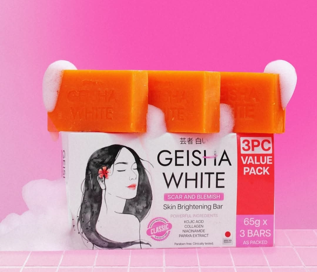 Geisha White SCAR & BLEMISH|EXFOLIATE& EXTRA MOISTURE Skin Brightening Bar Soap With Powerful Ingredients 65gx3Bars, 1box