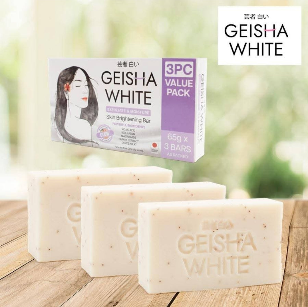 Geisha White SCAR & BLEMISH|EXFOLIATE& EXTRA MOISTURE Skin Brightening Bar Soap With Powerful Ingredients 65gx3Bars, 1box