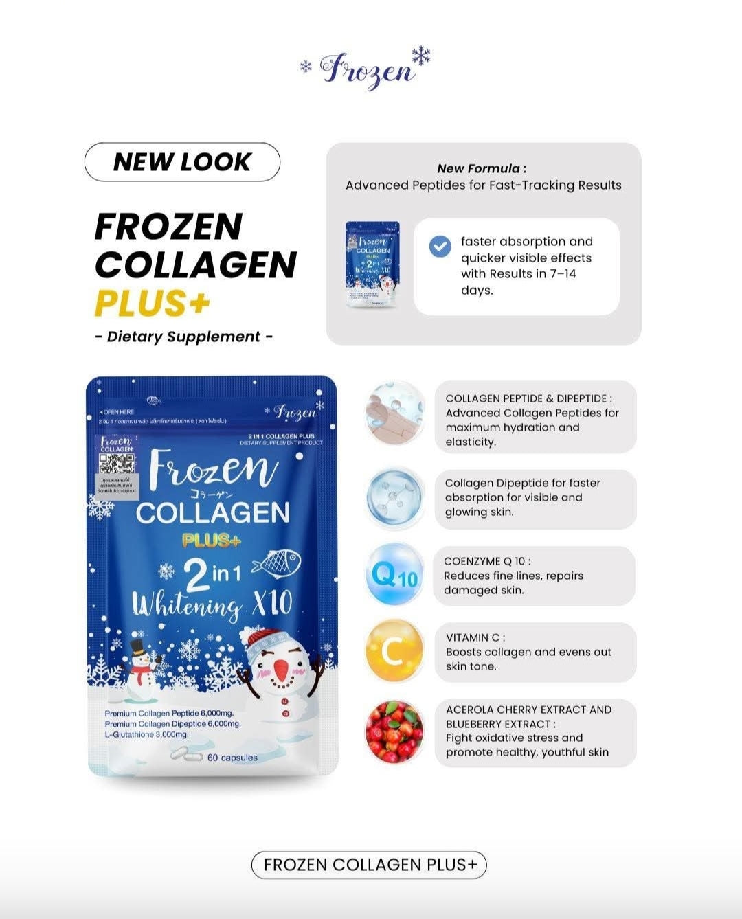 Frozen Collagen PLUS+ 2-in-1 Whitening X10 - 60 Caps Collagen Glutathione. Original&Authentic💯✅️
