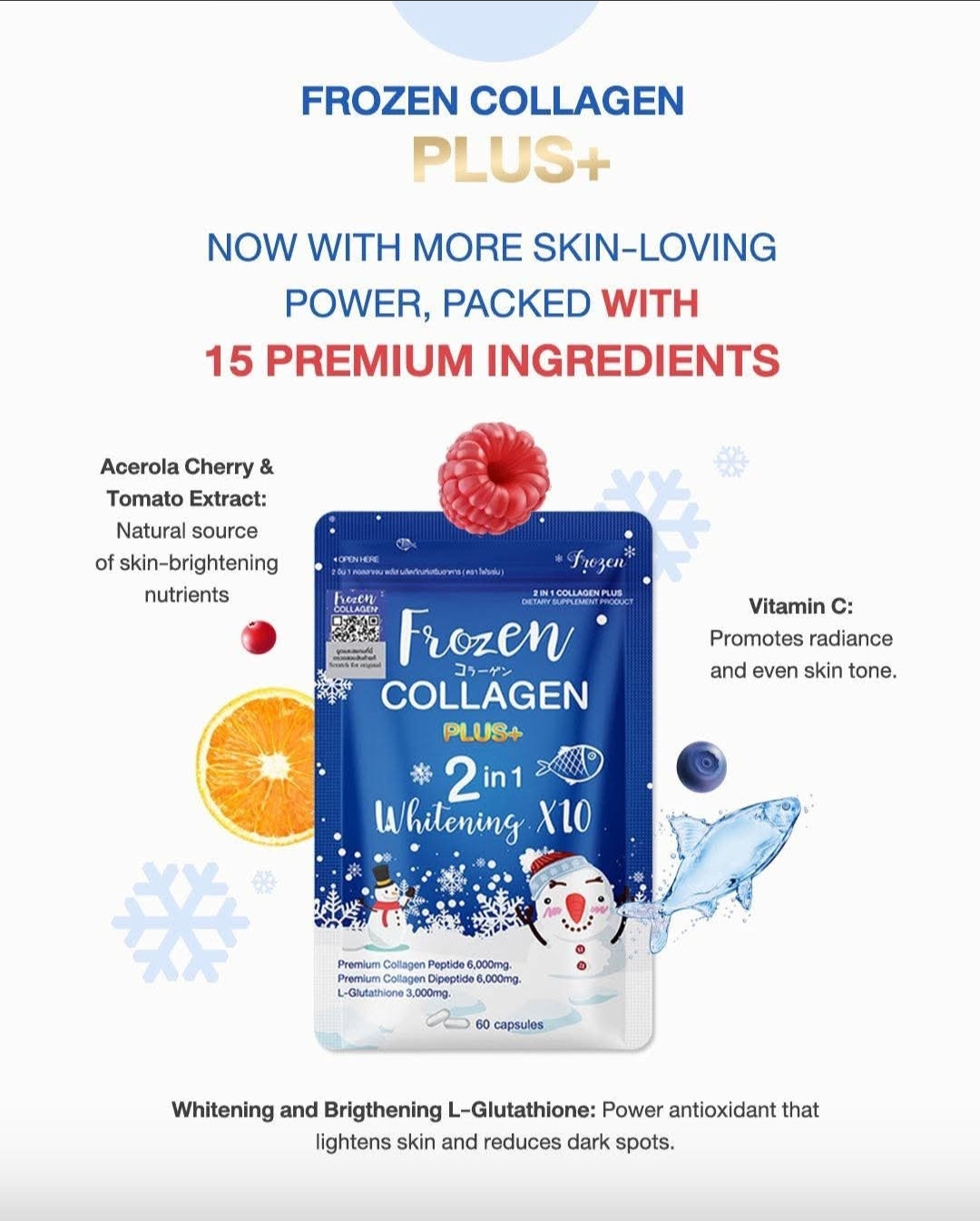 Frozen Collagen PLUS+ 2-in-1 Whitening X10 - 60 Caps Collagen Glutathione. Original&Authentic💯✅️