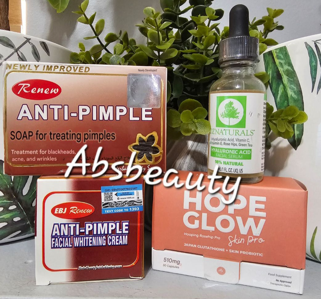 4 Sets Acne treatment Anti-pimple Soap,Face Cream,Hyaluronic acid Facial Serum 30ml & HOPE GLOW Skin Probiotic Supplements 30capsules