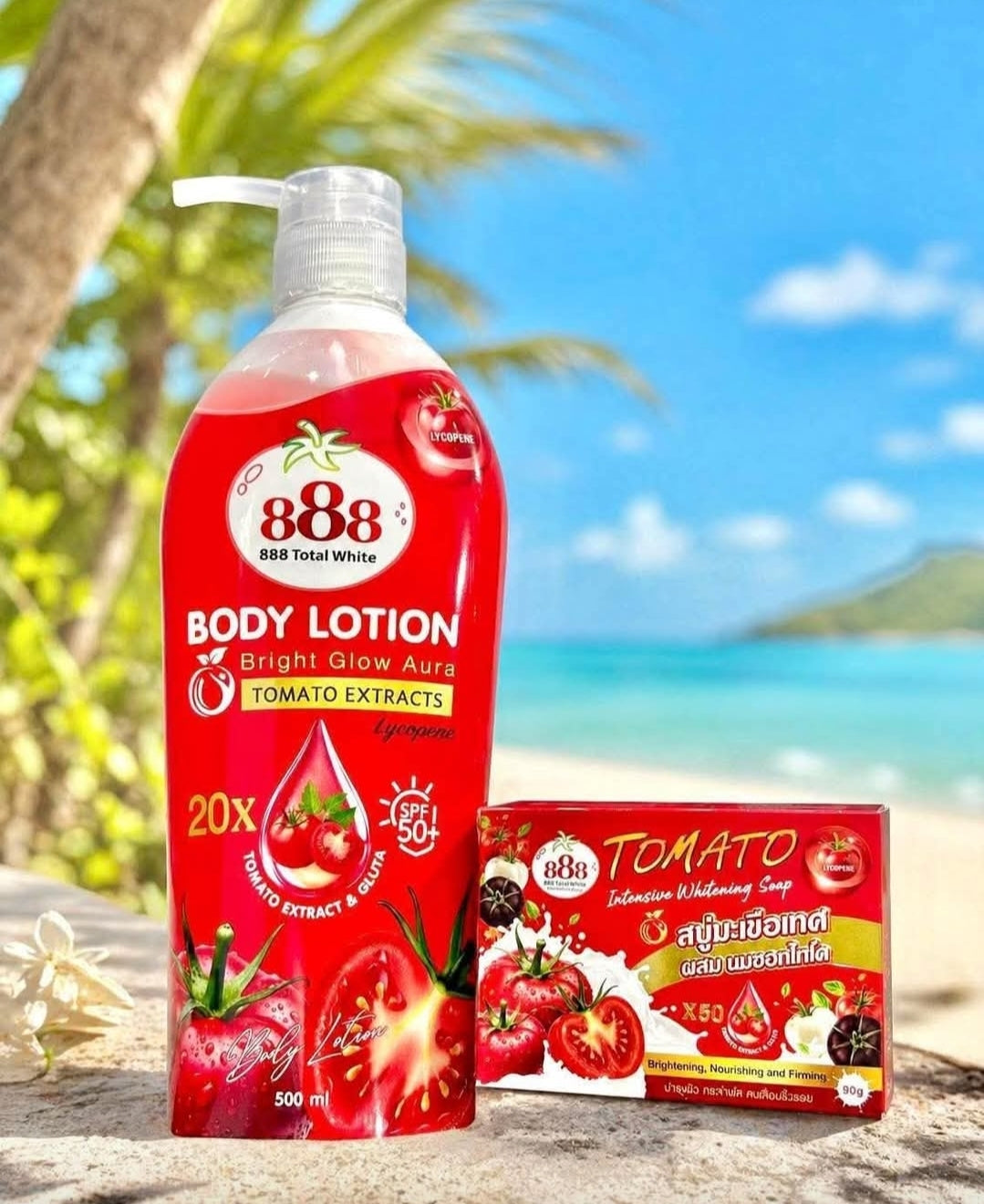 888 Total White Tomato Body Soap &  Lotion Care Set 20X Tomato Extract SPF50. 2pcs