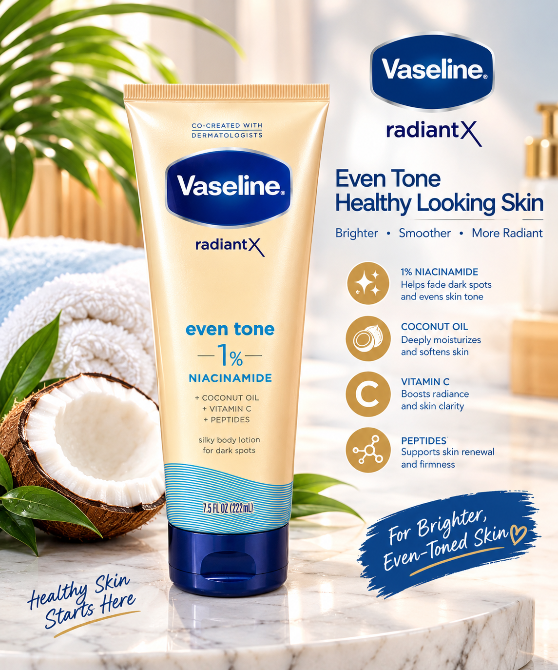 Vaseline Radiant X Even Tone 1% Niacinamide Silky Body Lotion for a Soft, Even & Radiant Complexion, with Peptides, Vitamin C & Coconut Oil,222ml