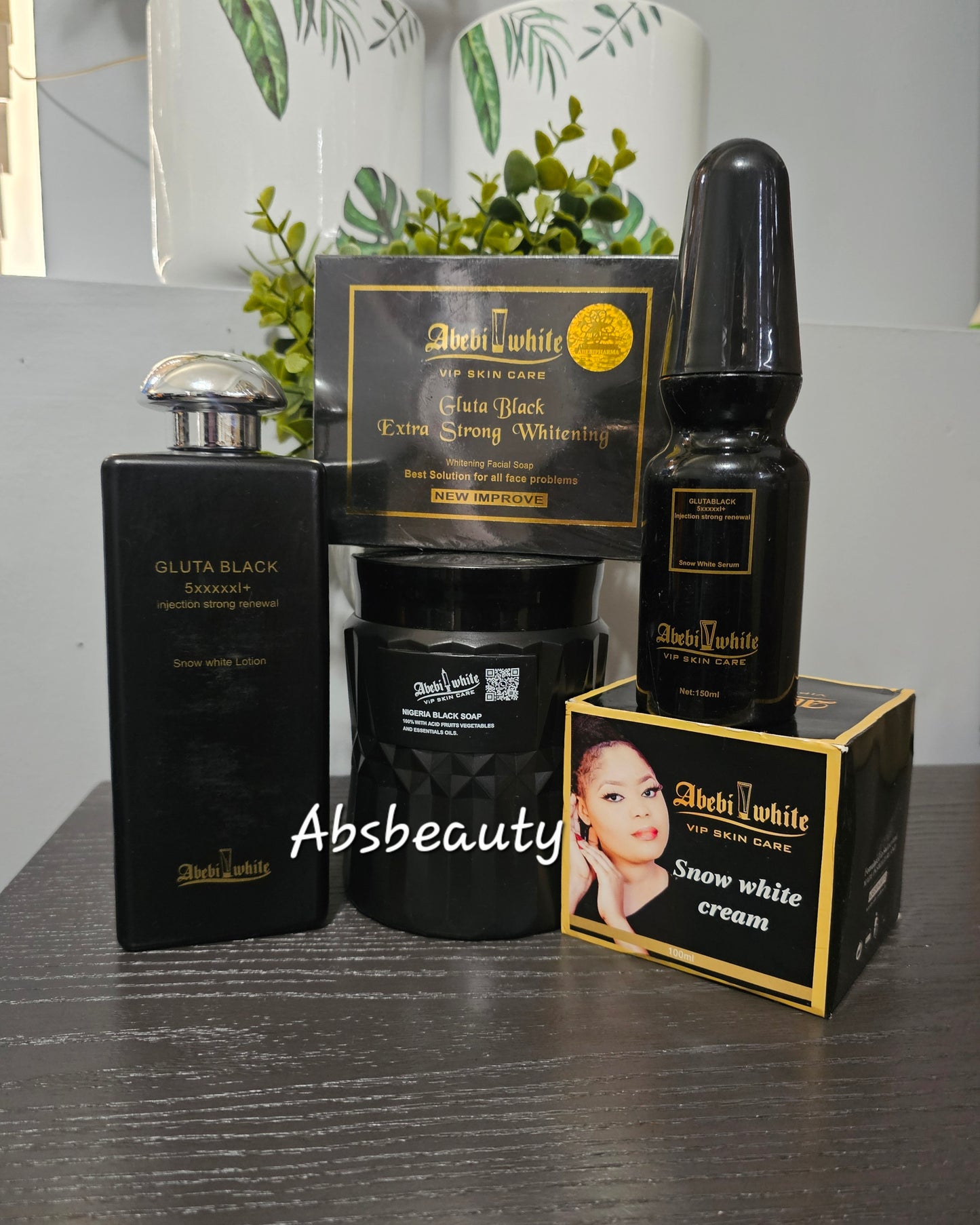 5pcs Abebi White VIP Skin Care Set, Lotion, Black Soap, Face Soap, Serum, & Face Cream 💯👌