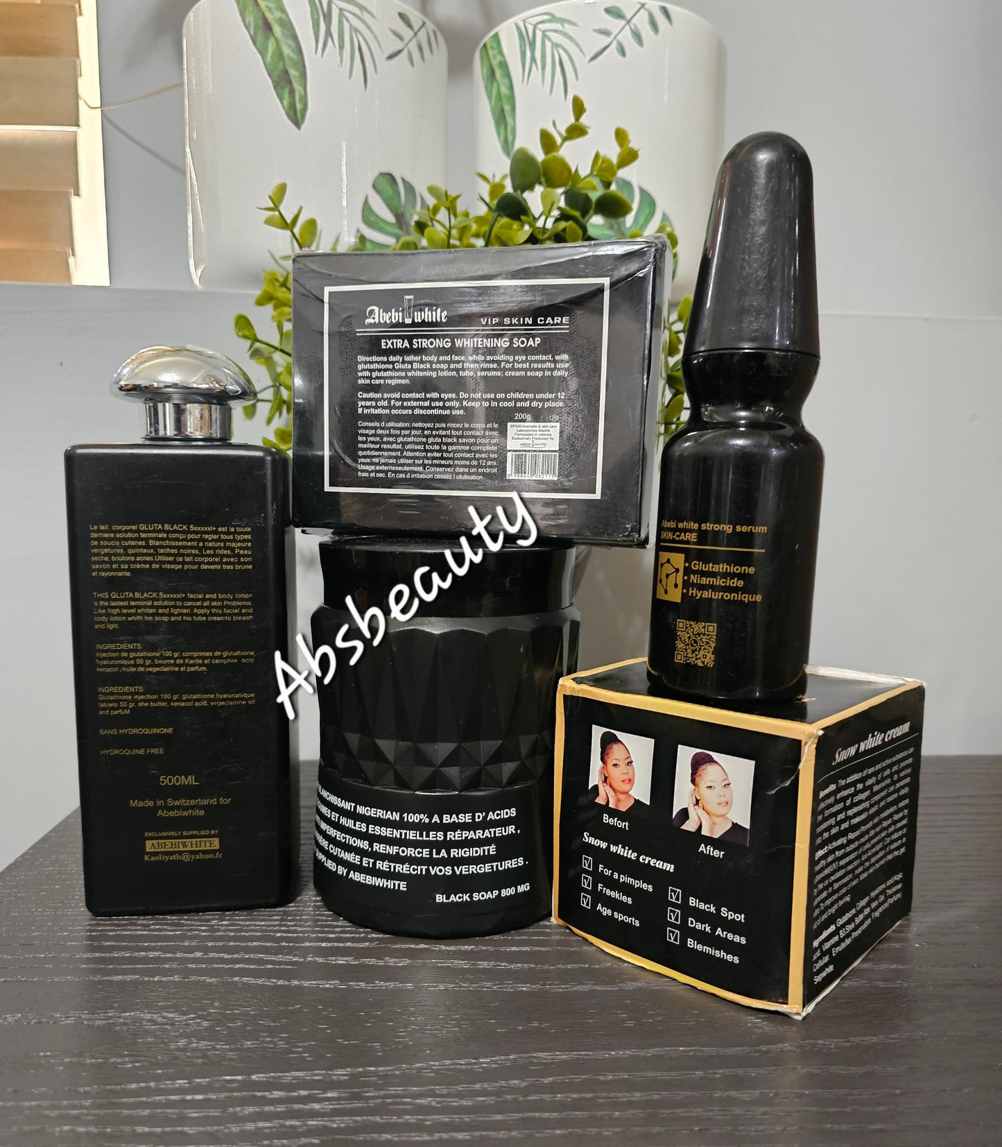 5pcs Abebi White VIP Skin Care Set, Lotion, Black Soap, Face Soap, Serum, & Face Cream 💯👌