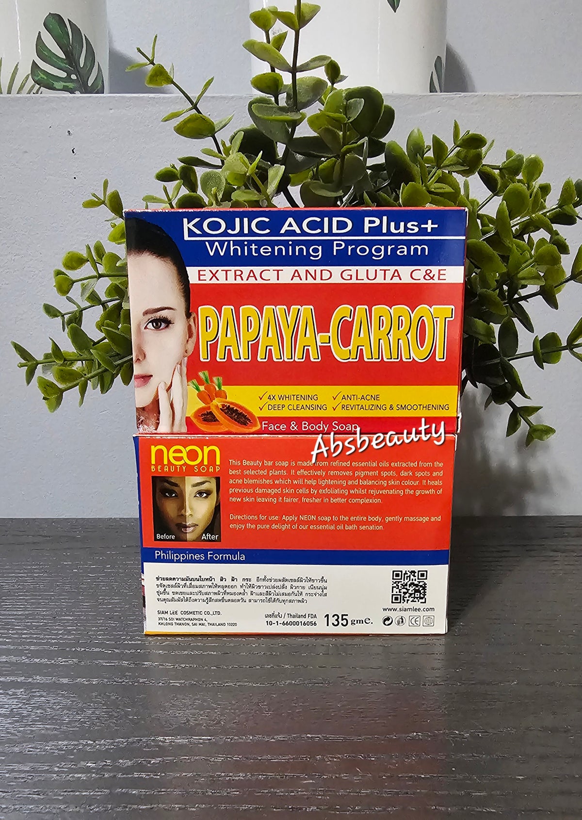 Neon Papaya-Carrot Kojic Acid Plus Whitening Program Face & Body Soap 135g, 1pc👌