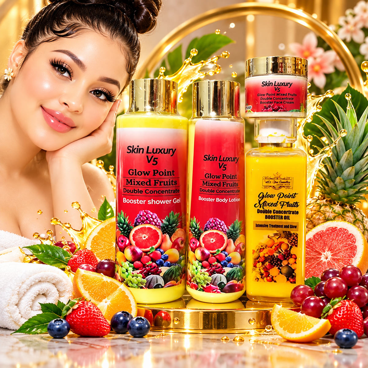 Pari's Glow Cosmetics Skin Luxury V5 Glow Point Mixed Fruits Double Concentrate Booster Set|Shower Gel|Body Lotion|Oil|Face Cream|✨️
