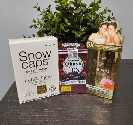 3Pcs Set Supplements Snow Caps Gold Vitamins+Minerals  L-Glutathione 30capsules with Free Snow Skin Whitening Soap,
 Ohayo TYO EX Lumine White Glutathione 60 Capsules & Hikari Skin Essentials Aurum S-Acetyl Glutathione 30 Capsules.✨️💯Original&Authentic✅️