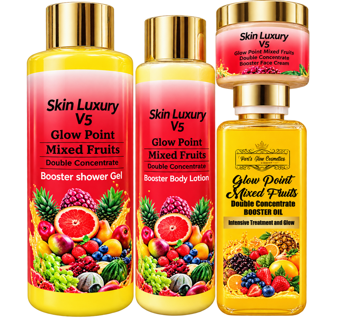 Pari's Glow Cosmetics Skin Luxury V5 Glow Point Mixed Fruits Double Concentrate Booster Set|Shower Gel|Body Lotion|Oil|Face Cream|✨️