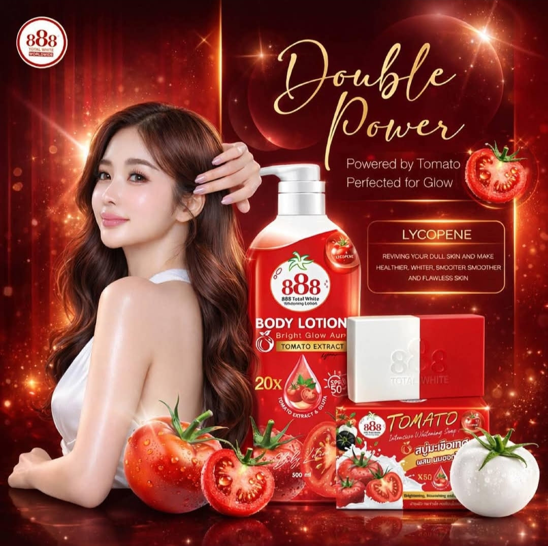 888 Total White Tomato Body Soap &  Lotion Care Set 20X Tomato Extract SPF50. 2pcs