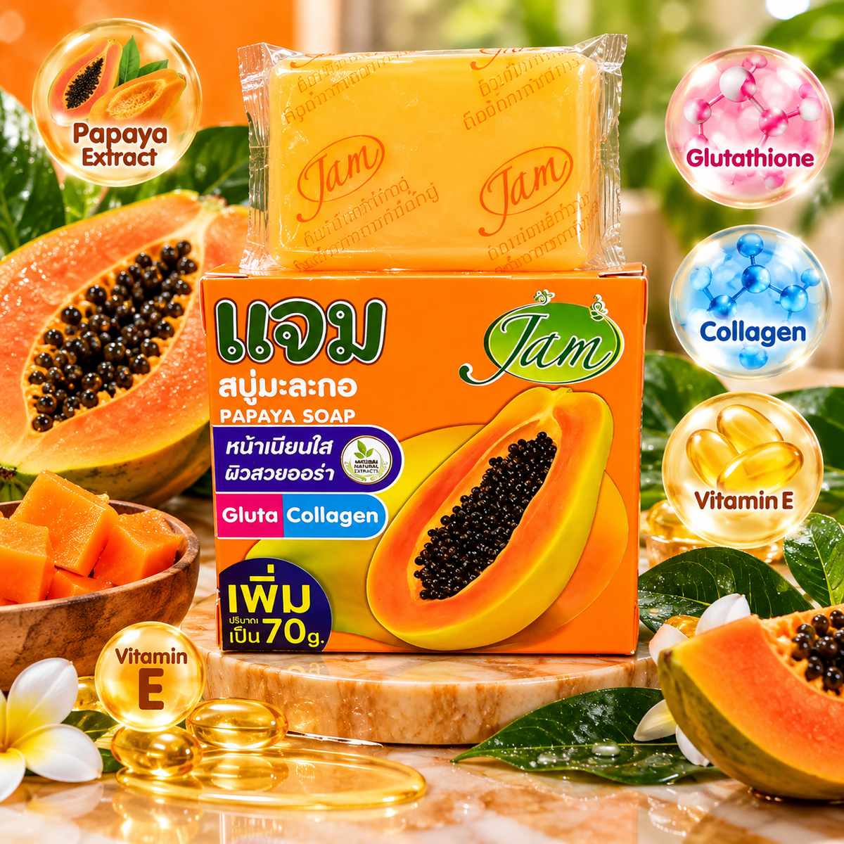 JAM Papaya Face Soap Smooth,Brightening Gluta Collagen 70g X 2pcs ✨️👌