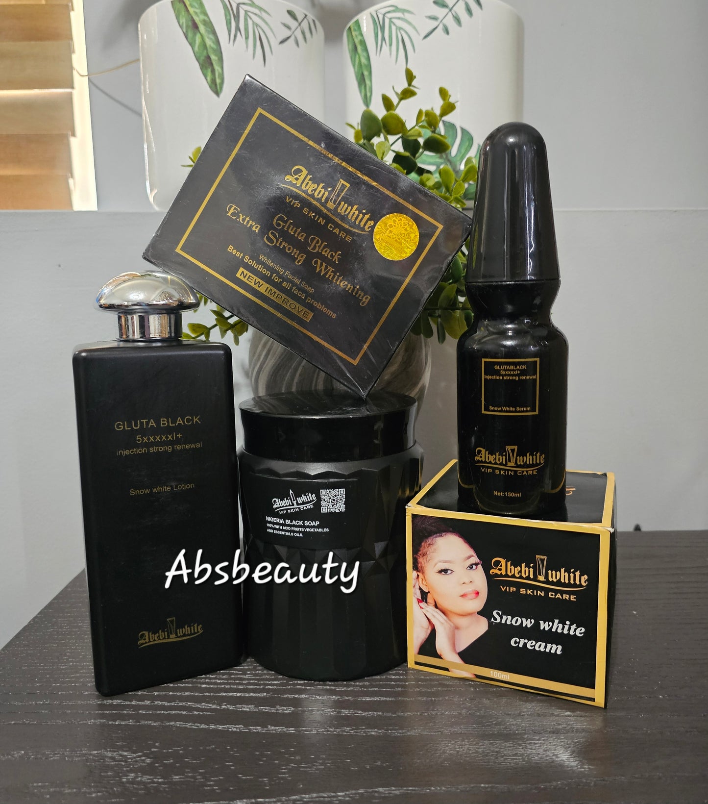 5pcs Abebi White VIP Skin Care Set, Lotion, Black Soap, Face Soap, Serum, & Face Cream 💯👌