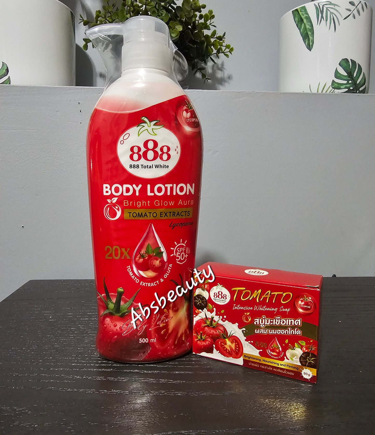 888 Total White Tomato Body Soap &  Lotion Care Set 20X Tomato Extract SPF50. 2pcs