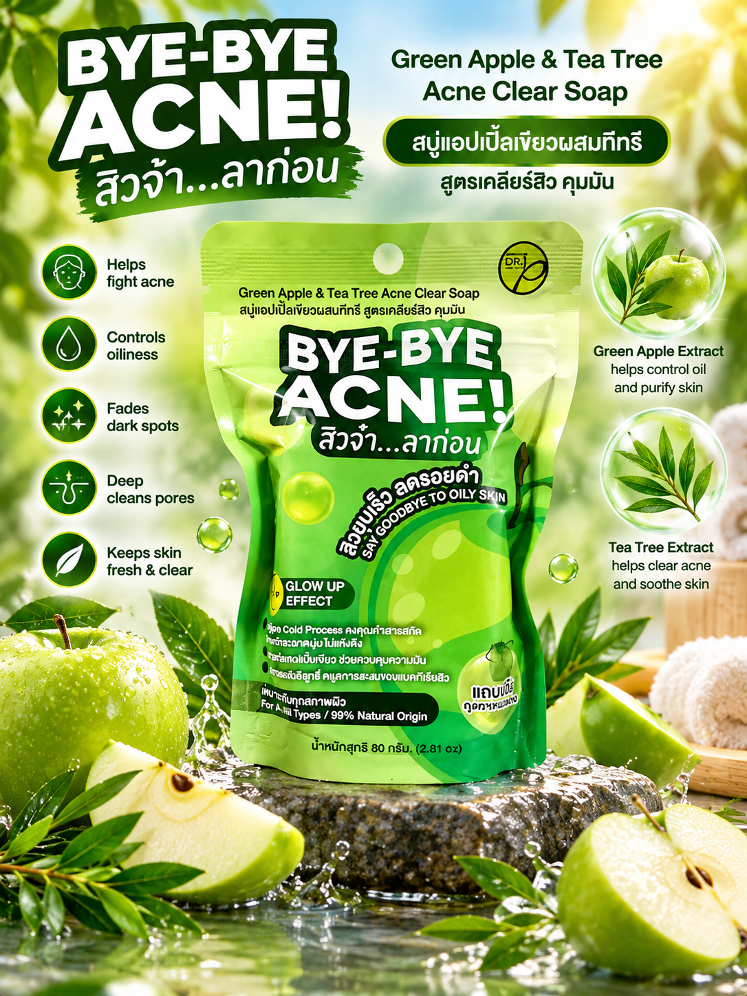 Dr.P Bye-Bye ACNE!Glow Up Effect Soap 80g,1pc👌