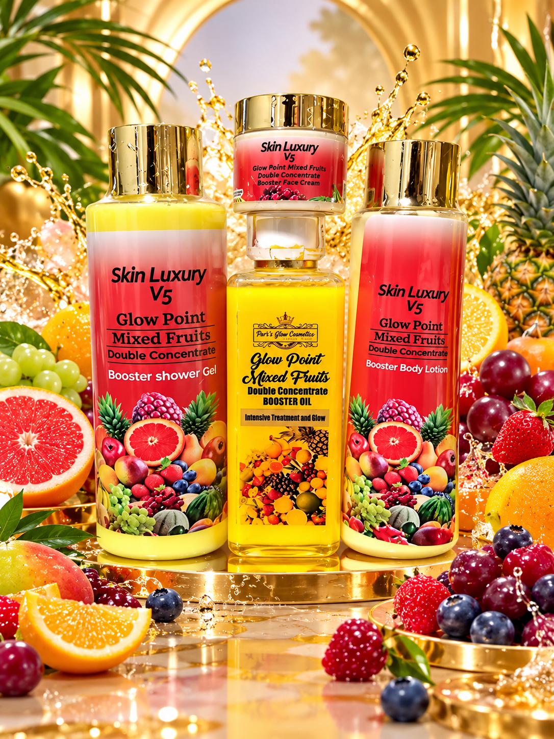Pari's Glow Cosmetics Skin Luxury V5 Glow Point Mixed Fruits Double Concentrate Booster Set|Shower Gel|Body Lotion|Oil|Face Cream|✨️