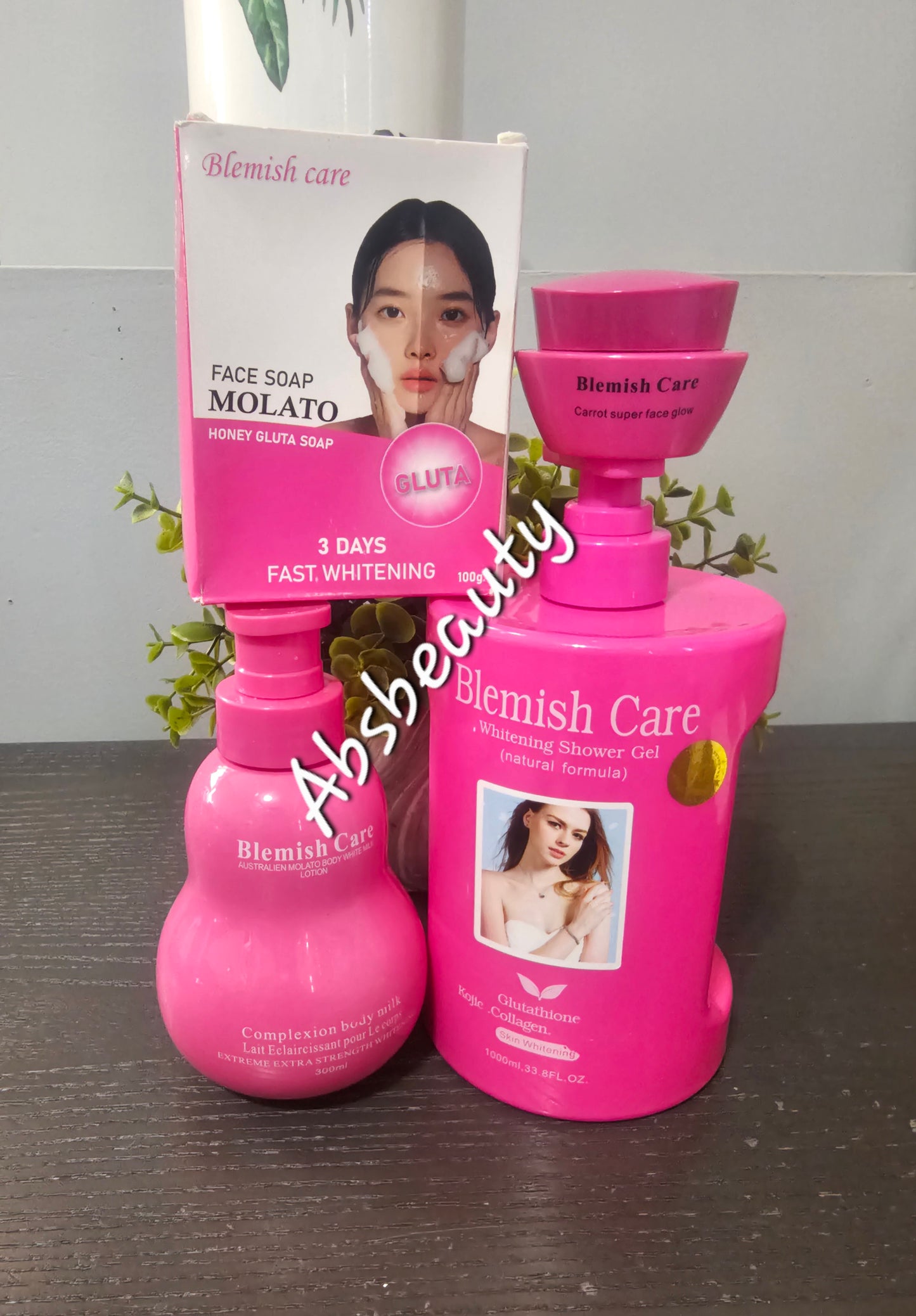 4pcs Face & Body Whitening Set  Blemish Care Whitening Shower Gel 1000ml| Australian Molato Body Lotion 300ml|Molato Honey Gluta Face Soap 100g| Carrot Super Glow Face Cream( Night routine)✨️ 💯👌