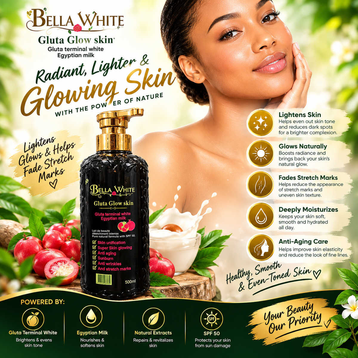 Bella White Gluta White Egyptian Milk With Pure Nature Formula SPF 50 500 ml💯,1pc