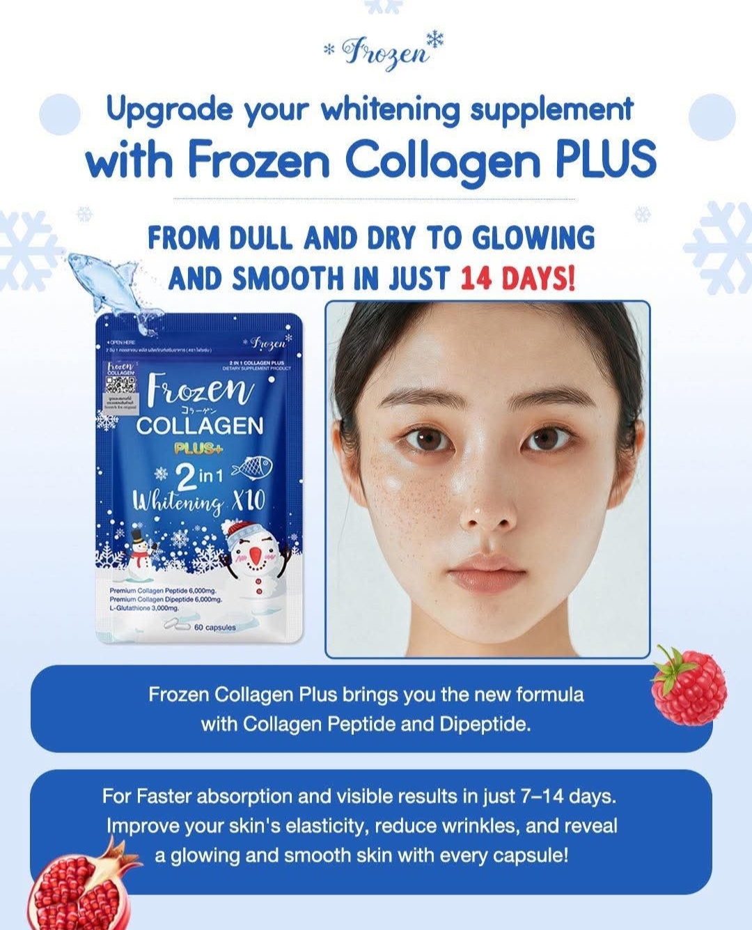 Frozen Collagen PLUS+ 2-in-1 Whitening X10 - 60 Caps Collagen Glutathione. Original&Authentic💯✅️
