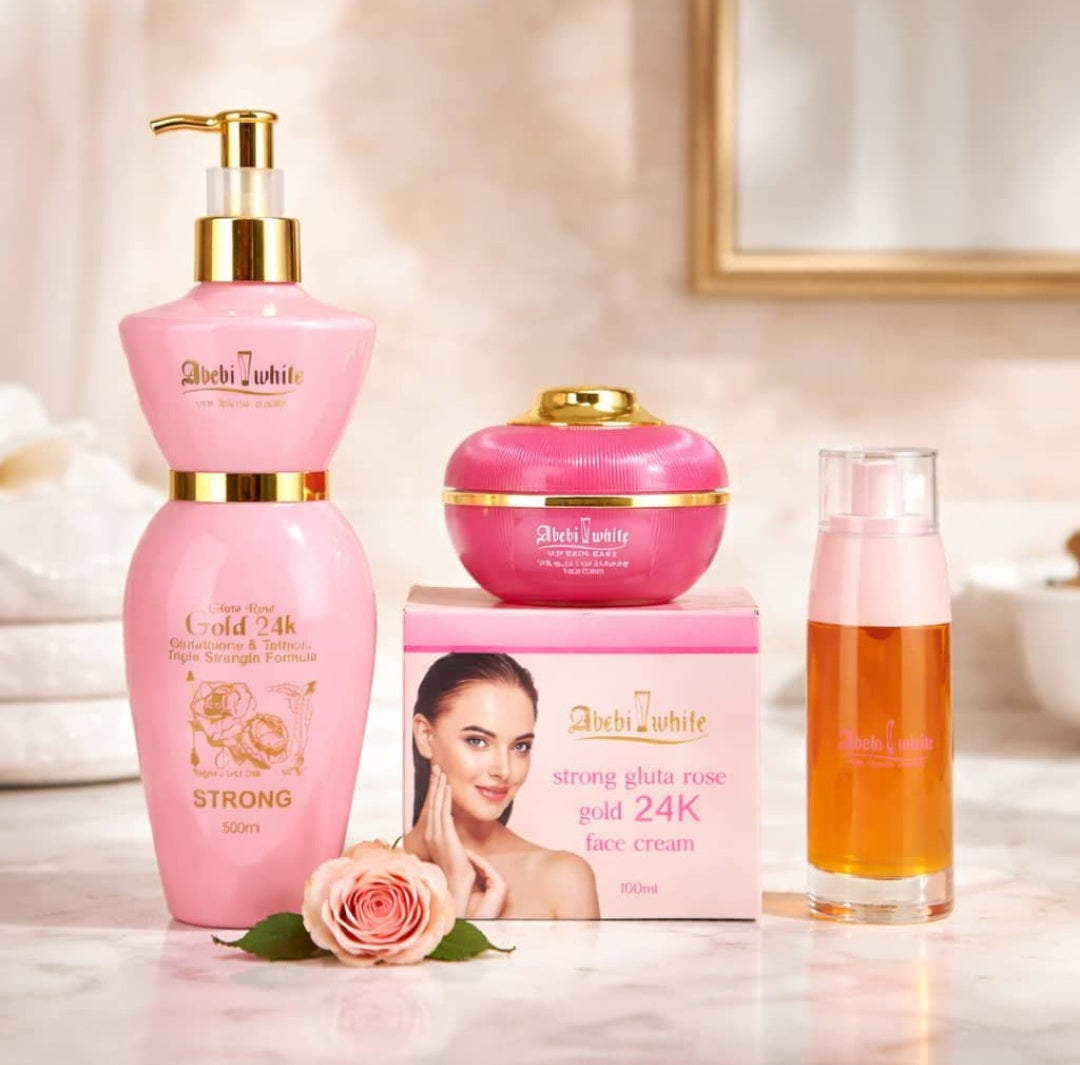 3pcs Abebi White Vip Skin Care Gluta Rose Gold 24K Set ,Lotion, Serum & Face Cream 🩷💯👌