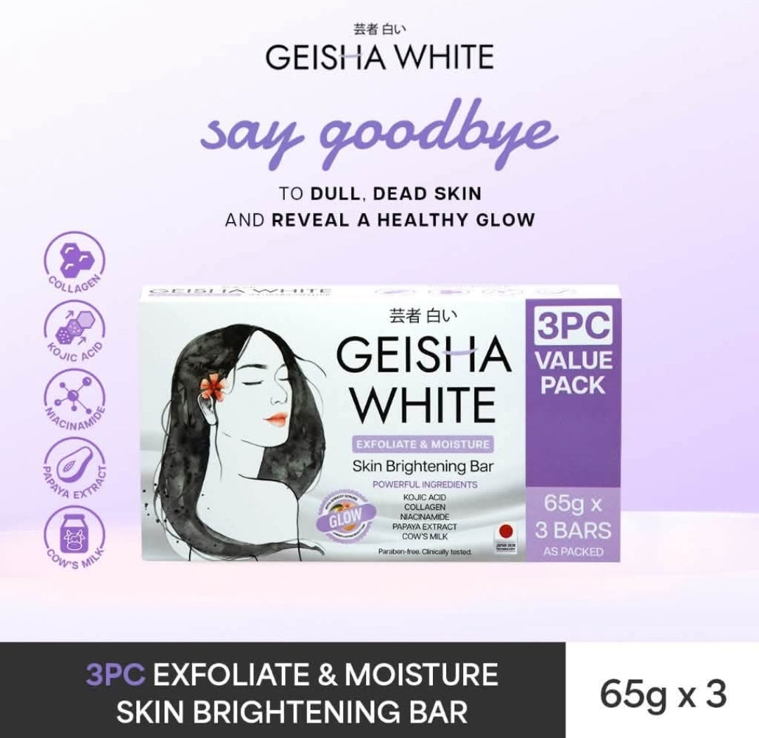 Geisha White SCAR & BLEMISH|EXFOLIATE& EXTRA MOISTURE Skin Brightening Bar Soap With Powerful Ingredients 65gx3Bars, 1box
