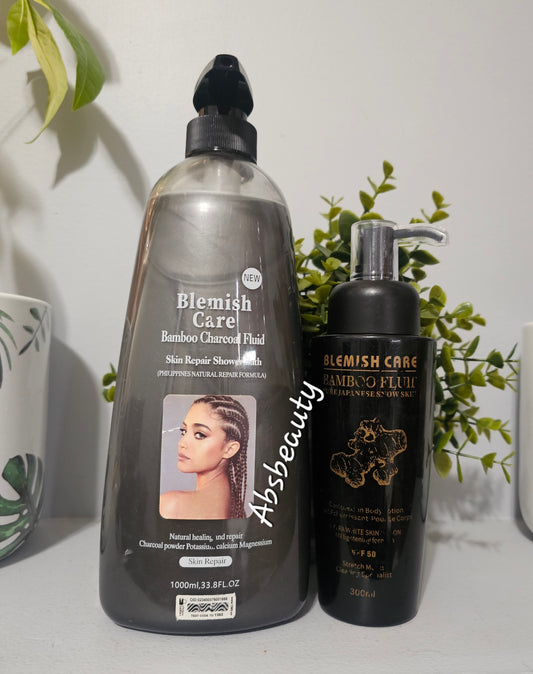 Blemish Care Bamboo Charcoal Fluid Skin Repair Shower Bath 1000ml & Bamboo Fluid Pure Japanese Snow SkinBody Lotion 300ml