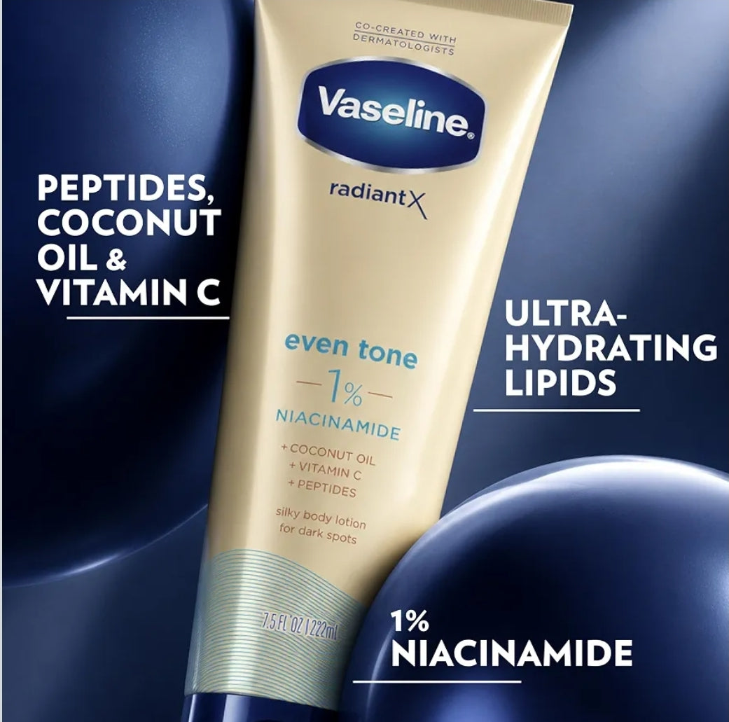 Vaseline Radiant X Even Tone 1% Niacinamide Silky Body Lotion for a Soft, Even & Radiant Complexion, with Peptides, Vitamin C & Coconut Oil,222ml