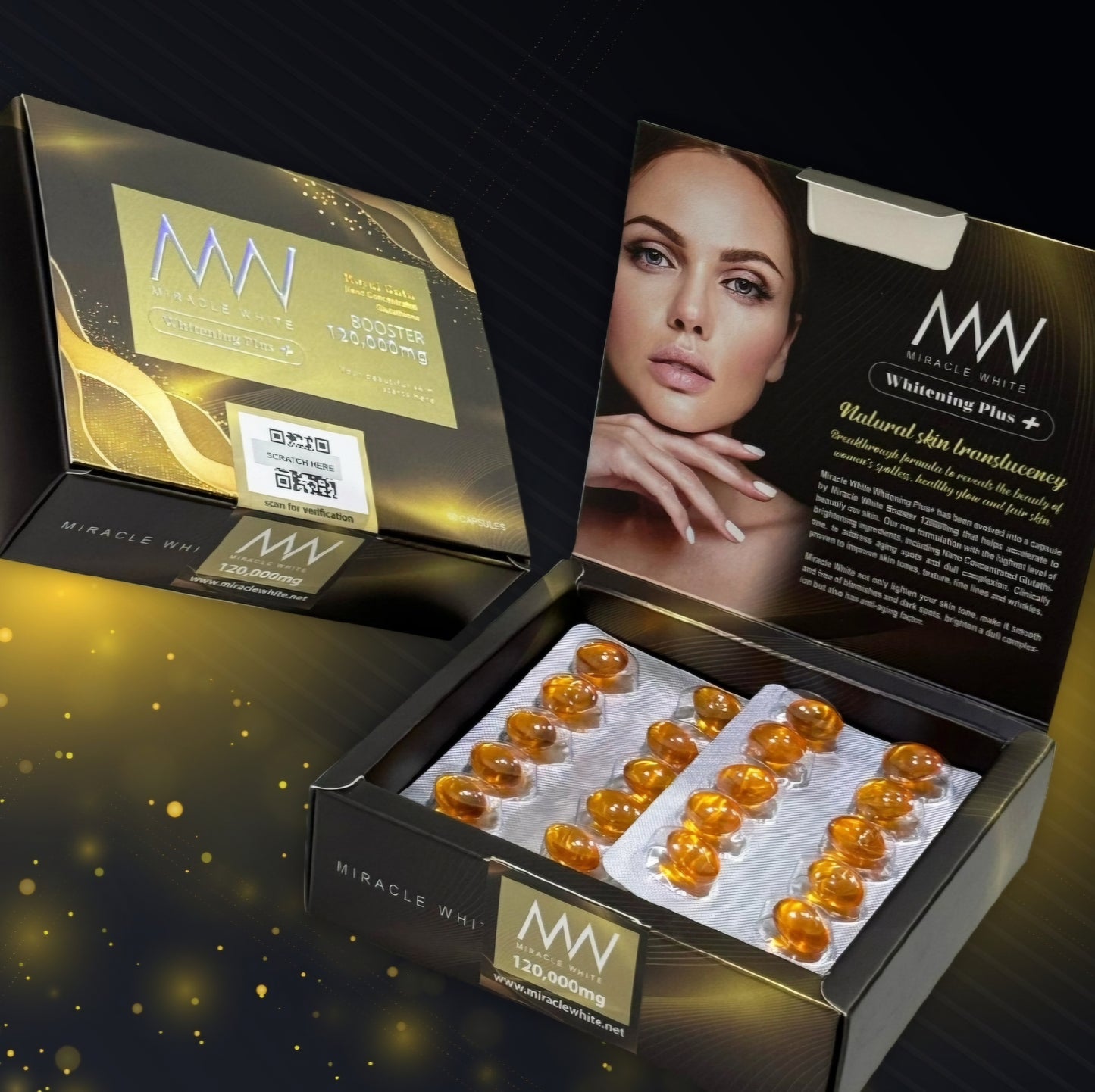 Miracle White 120,000mg Booster Whitening Plus+ 60 Capsules nano Glutathione Original&Authentic 💯✅️✨️