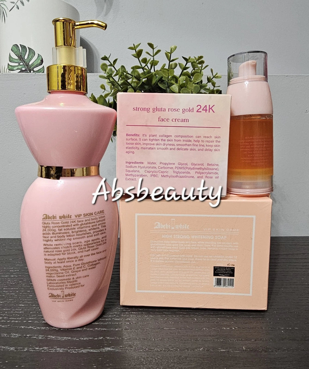 Abebi White VIP Skin Care 24K Gold Gluta Rose Set Lotion, Face Cream, Soap & Serum 4pc