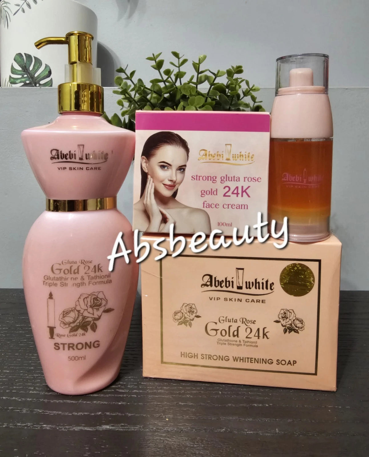 Abebi White VIP Skin Care 24K Gold Gluta Rose Set Lotion, Face Cream, Soap & Serum 4pc