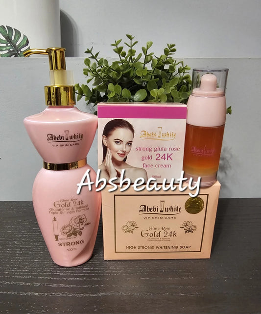 Abebi White VIP Skin Care 24K Gold Gluta Rose Set Lotion, Face Cream, Soap & Serum 4pc