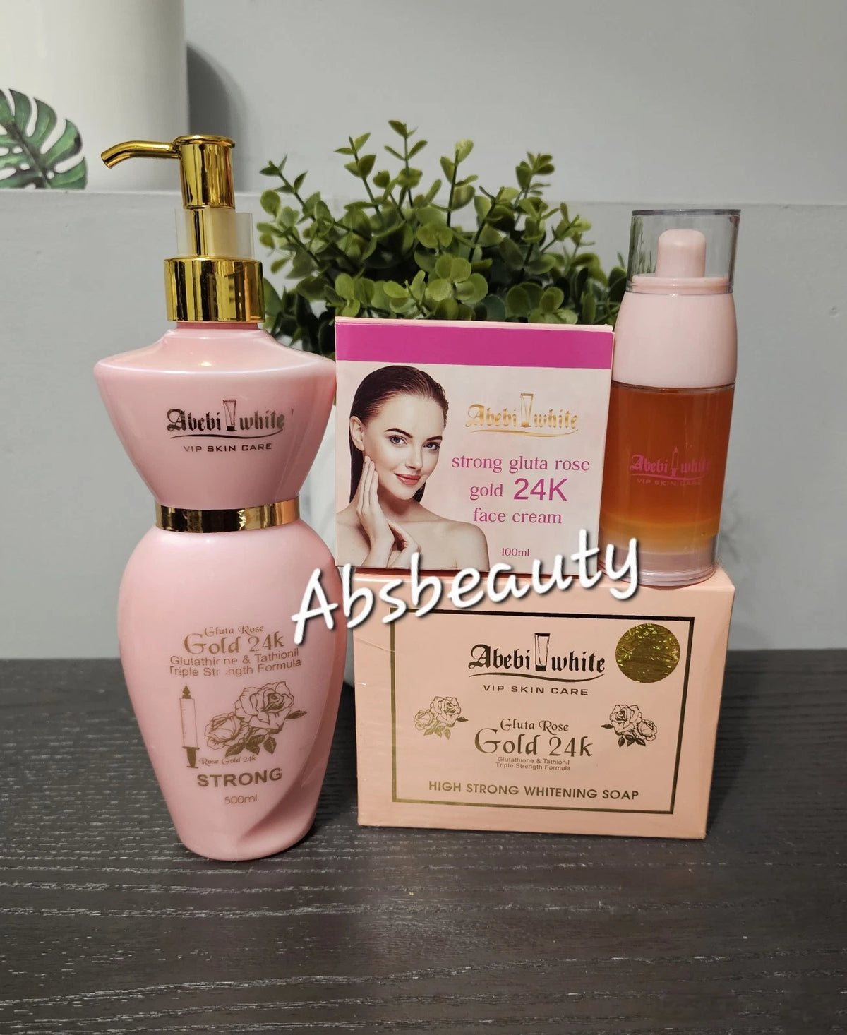 Abebi White VIP Skin Care 24K Gold Gluta Rose Set Lotion, Face Cream, Soap & Serum 4pc