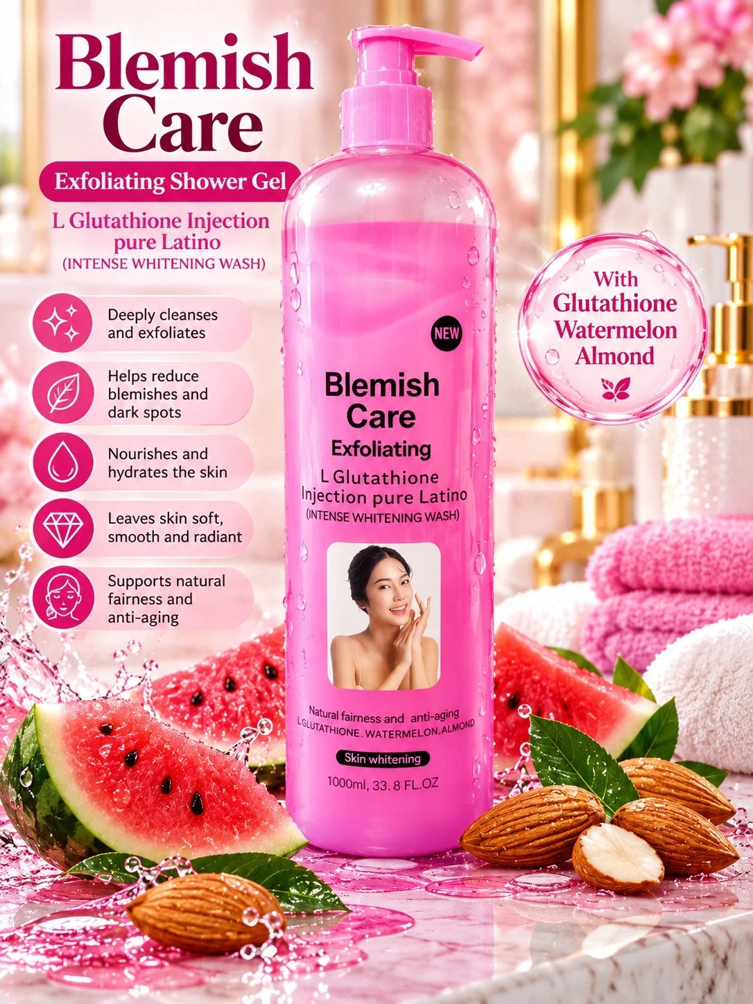 Blemish Care Exfoliating L-Glutathione Lightening Shower Gel 1000ml, 1 Pc✨️👌