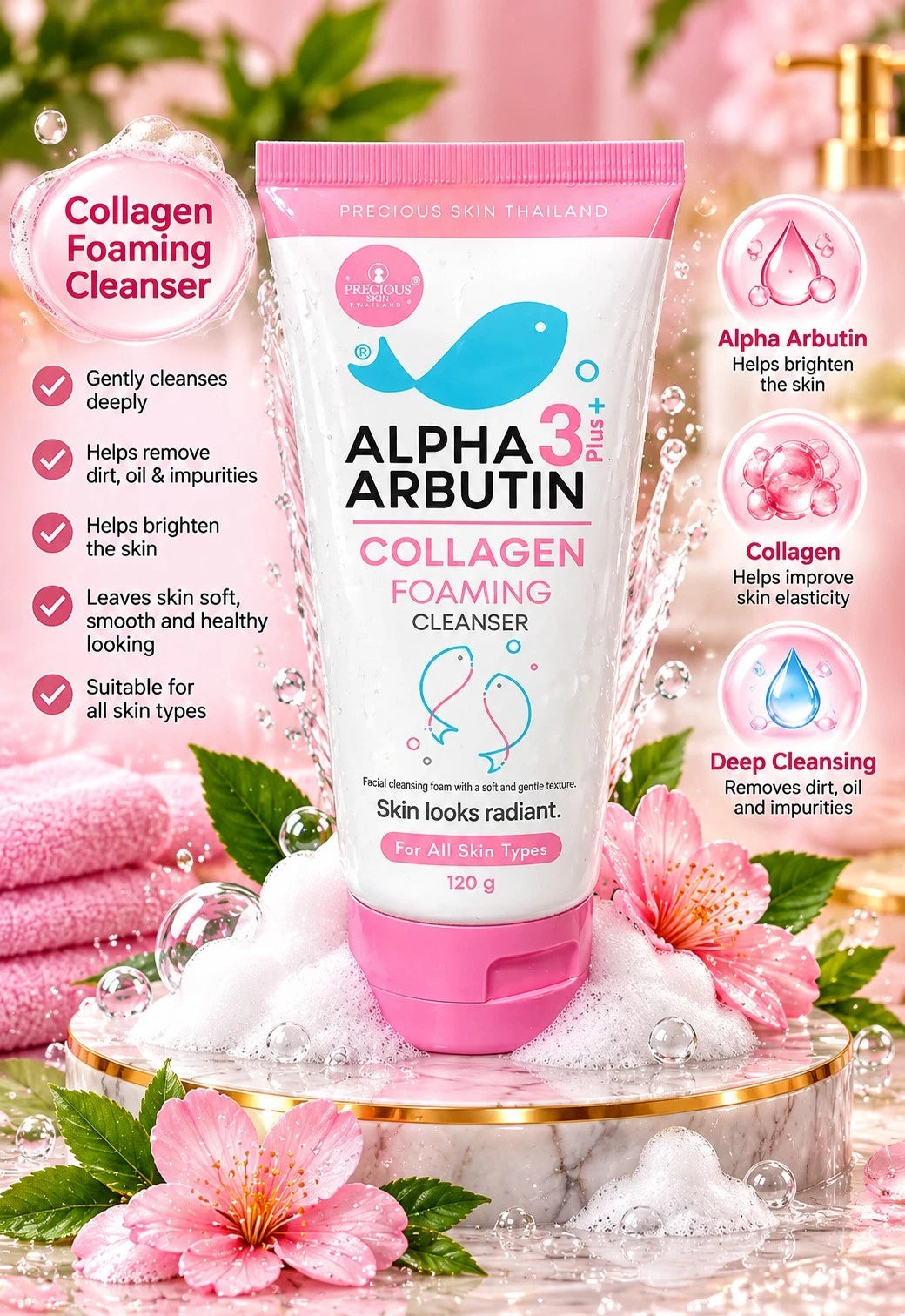 Precious Skin Alpha Arbutin3+ Collagen Foaming Cleanser 120ml Whitening Brightening