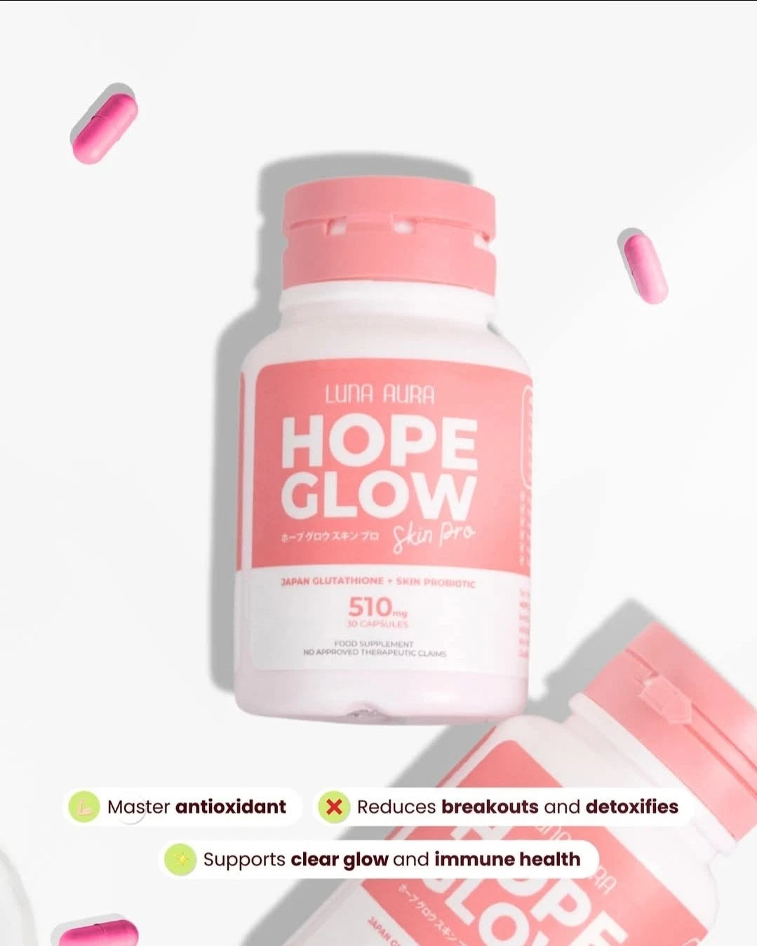 Luna Aura HOPEGLOW Skin Pro Glutathione & Probiotic 510mg, 30 Capsule